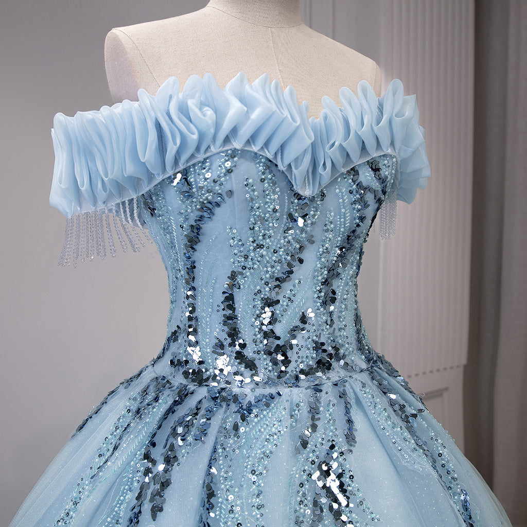 Off-Shoulder Sweetheart Neckline Beaded Corset Bodice Cascading Sequin Appliqués Full Ball Gown Floor-Length Tulle Quinceanera Evening Gown with Detachable 5-Bone Hoop XU00143