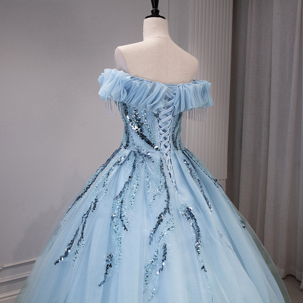 Off-Shoulder Sweetheart Neckline Beaded Corset Bodice Cascading Sequin Appliqués Full Ball Gown Floor-Length Tulle Quinceanera Evening Gown with Detachable 5-Bone Hoop XU00143