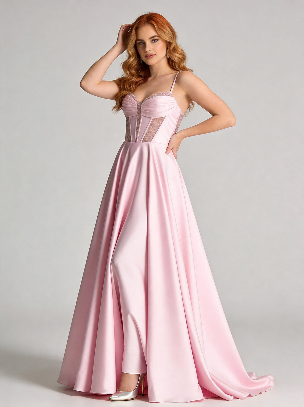 Pleated Sweetheart Neck A-Line Satin Gown - Front