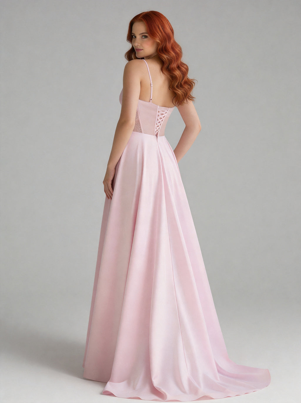 Pleated Sweetheart Neck A-Line Satin Gown - Back