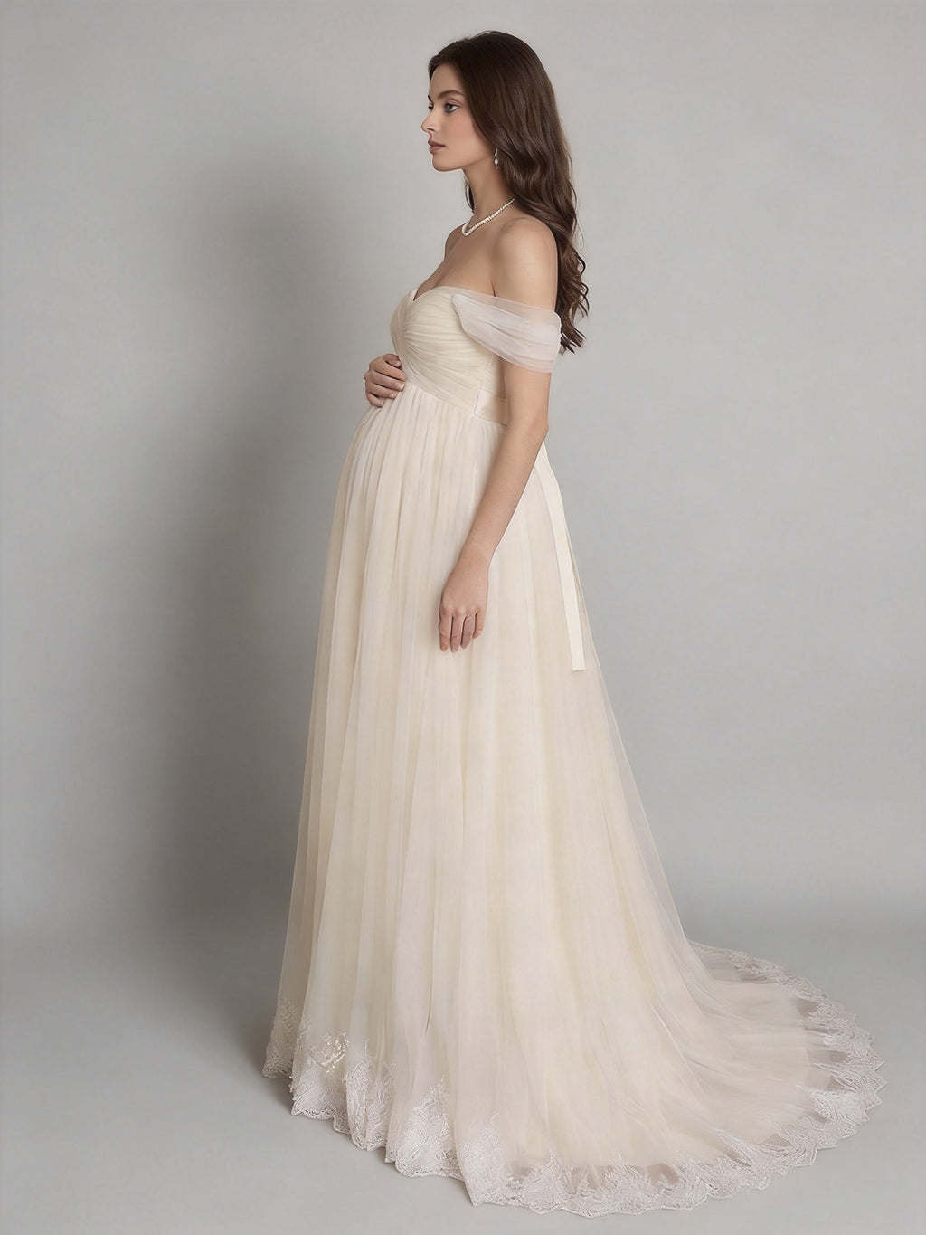 Off-the-Shoulder Strapless Tulle Maternity A-Line Maternity Dresses XU00022
