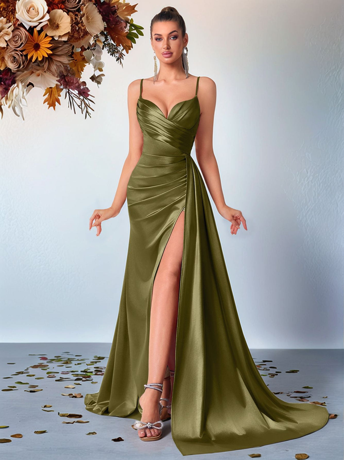 Spaghetti Strap Satin Gown - Olive Front View