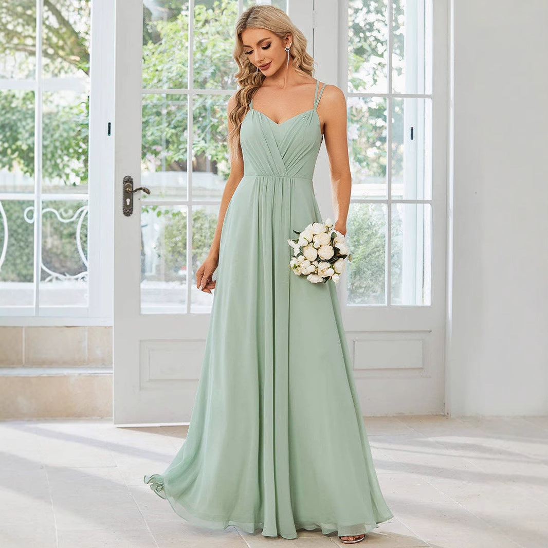 Long Sleeve Chiffon V-Neck Floor-Length Bridesmaid Dresses XU00018