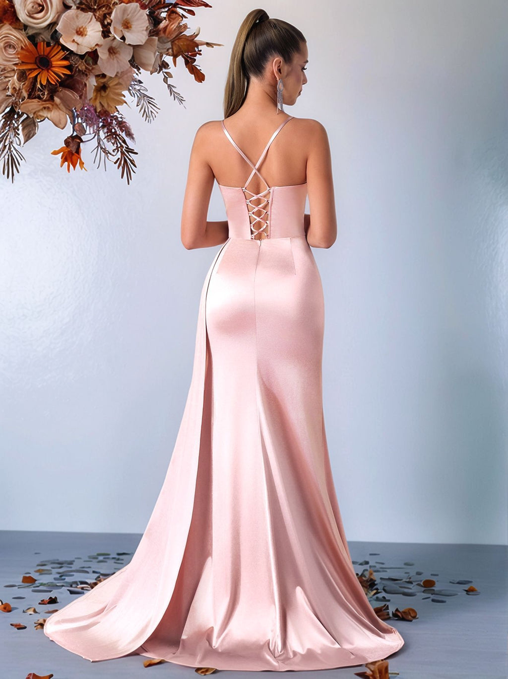 Spaghetti Strap Satin Gown - Blush Pink Back View