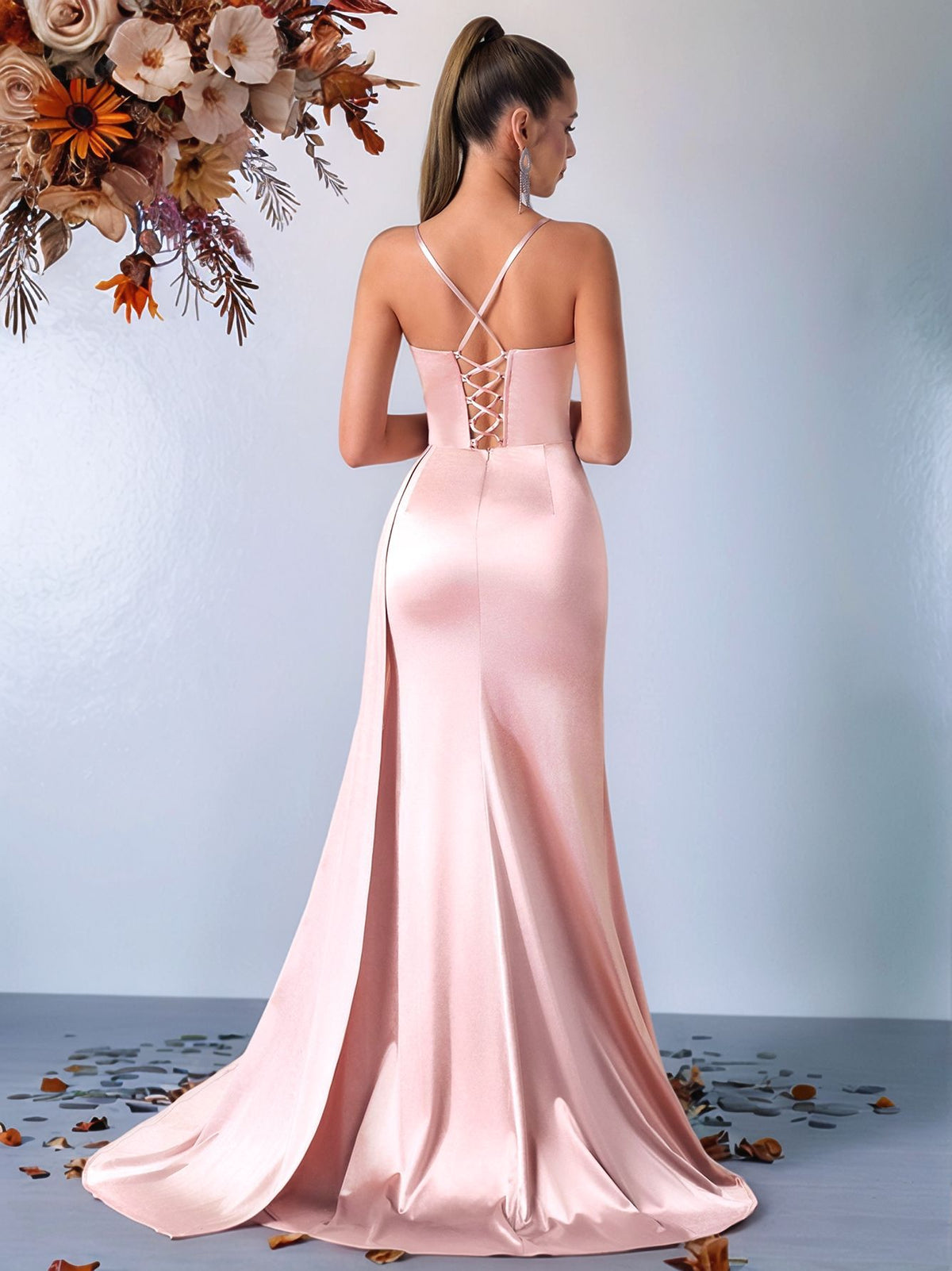 Spaghetti Strap Satin Gown - Blush Pink Back View