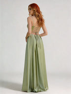 Pleated Sweetheart A-Line Spaghetti Strap Dress with Slit XU00012