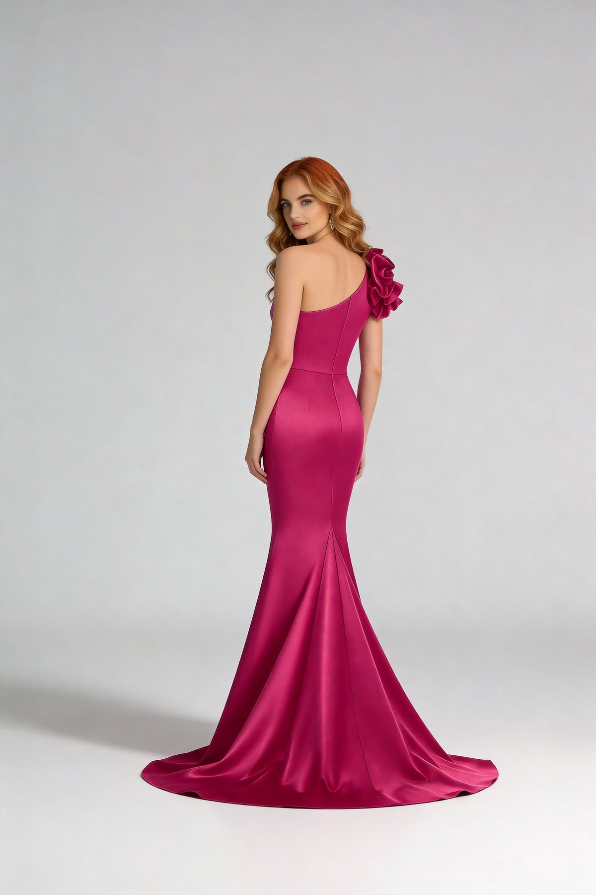 One Shoulder Pleated Floral Mermaid Dress with Slit XU00013
