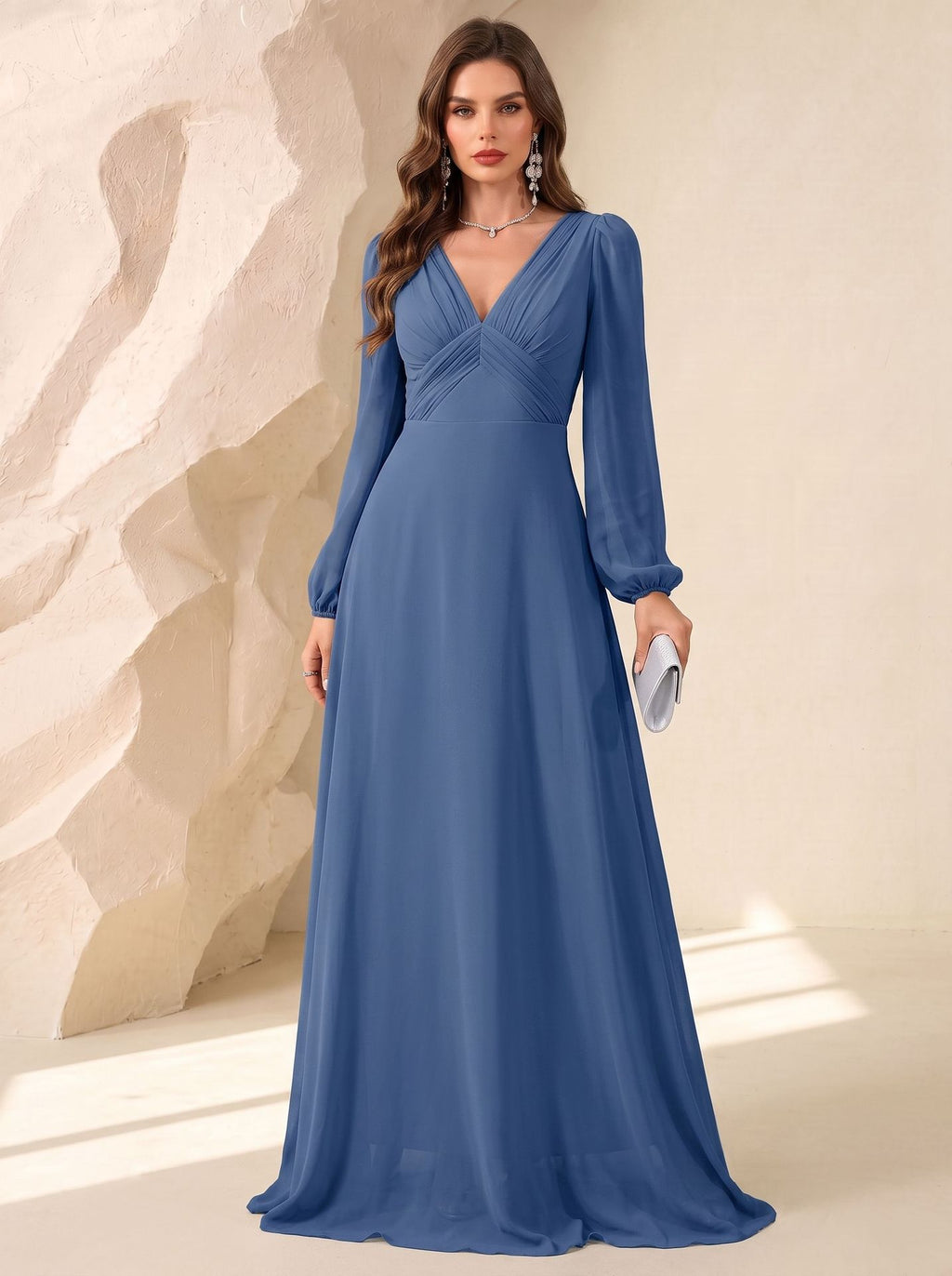 Long Sleeve Chiffon V-Neck Floor-Length Bridesmaid Dresses XU00016