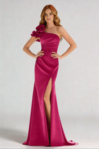 One Shoulder Pleated Floral Mermaid Dress with Slit XU00013