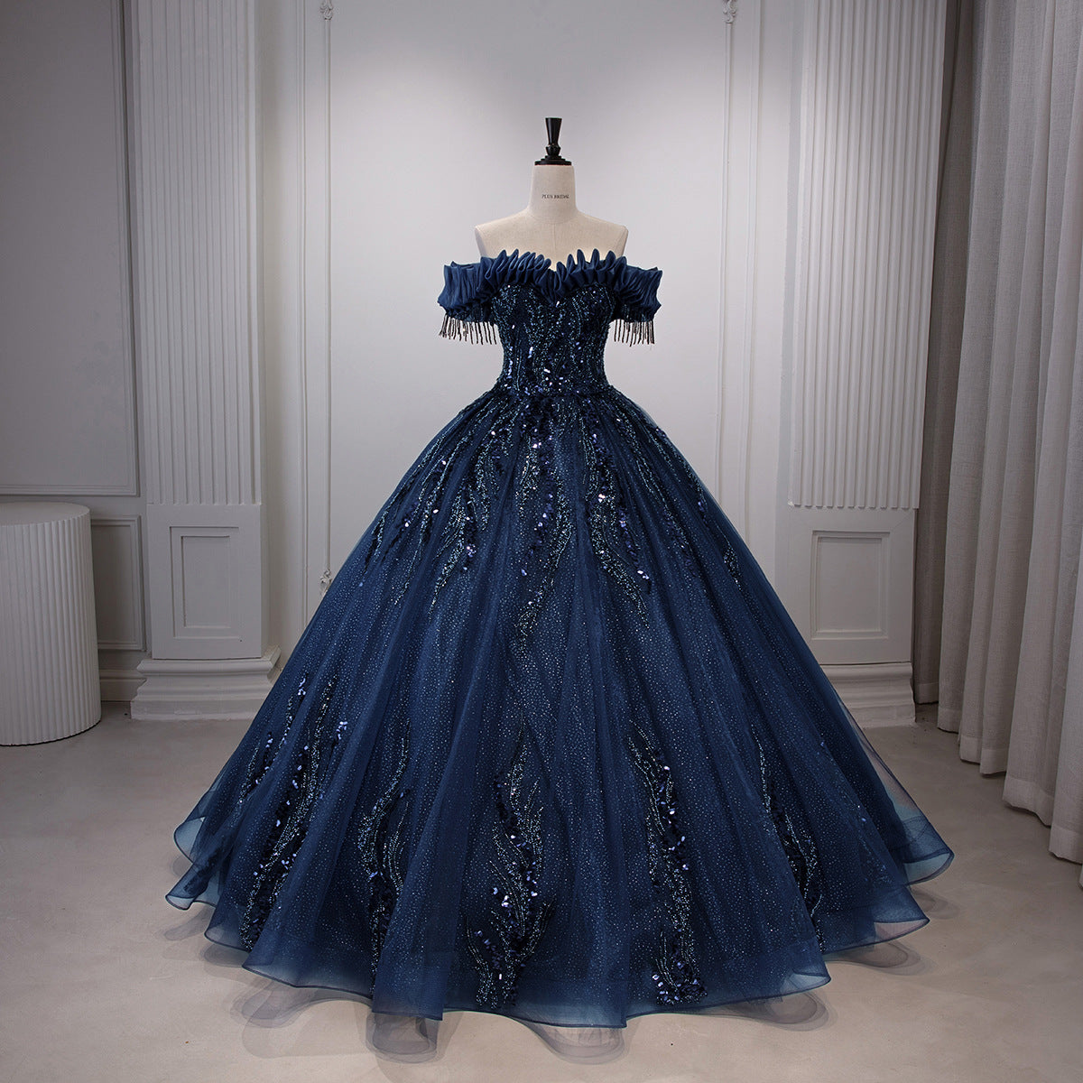 Navy Blue Glitter Tulle Off-Shoulder Sequin Ball Gown - Front View Mannequin