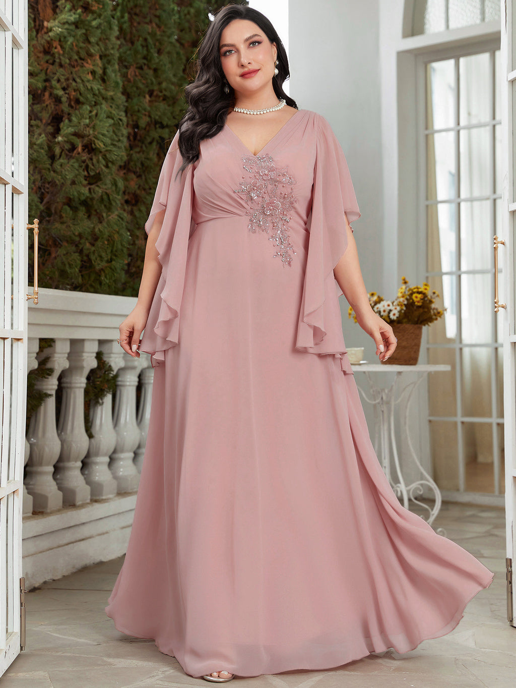 Plus Size V-Neck Ruched Bodice Beaded Appliqués Cape Sleeve V-Back Chiffon A-Line Floor-Length Mother of the Bride Dress XU00152