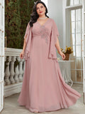 Plus Size V-Neck Ruched Bodice Beaded Appliqués Cape Sleeve V-Back Chiffon A-Line Floor-Length Mother of the Bride Dress XU00152