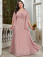 Plus Size V-Neck Ruched Bodice Beaded Appliqués Cape Sleeve V-Back Chiffon A-Line Floor-Length Mother of the Bride Dress XU00152