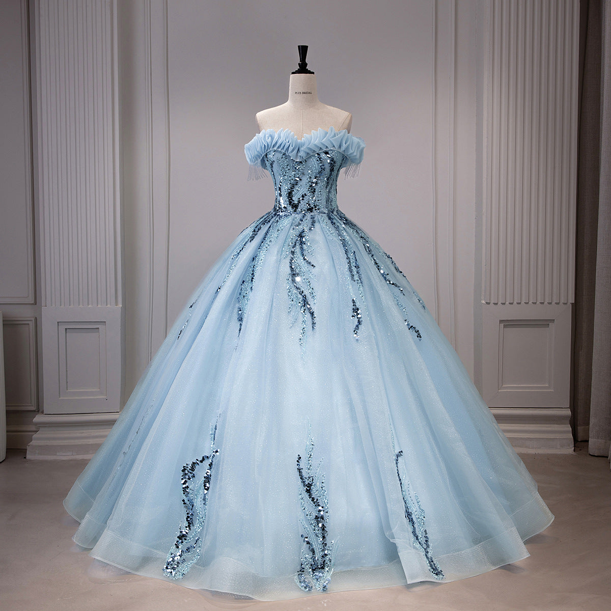 Ice Blue Glitter Tulle Off-Shoulder Sequin Ball Gown - Front View Mannequin