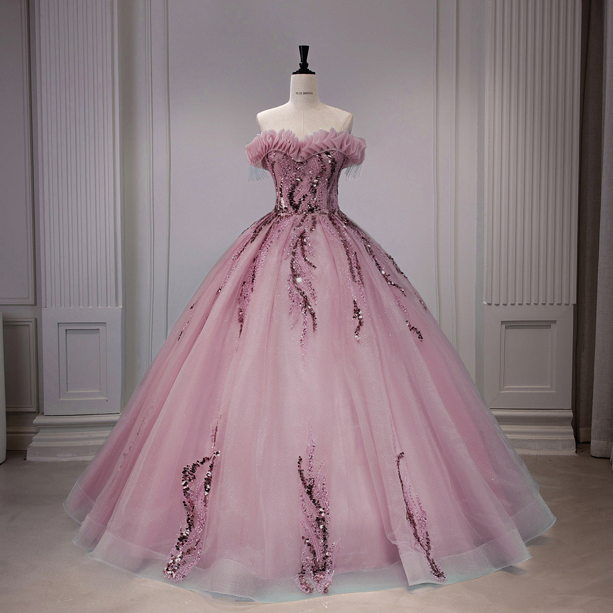 Dusty Rose Glitter Tulle Off-Shoulder Sequin Ball Gown - Front View Mannequin
