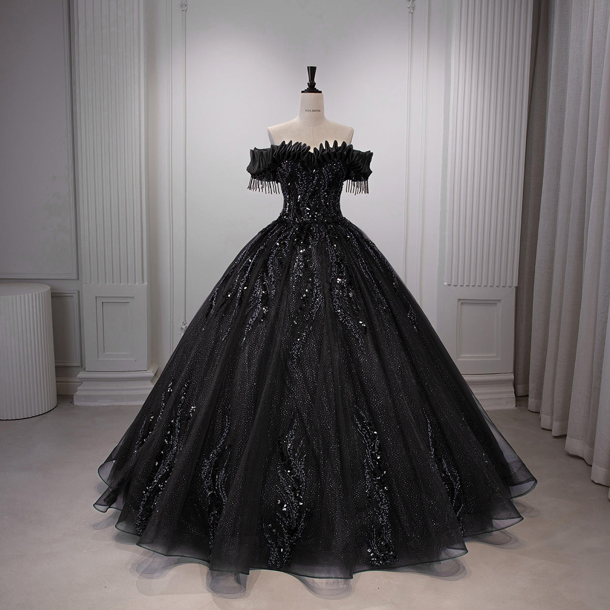 Black Glitter Tulle Off-Shoulder Sequin Ball Gown - Front View Mannequin