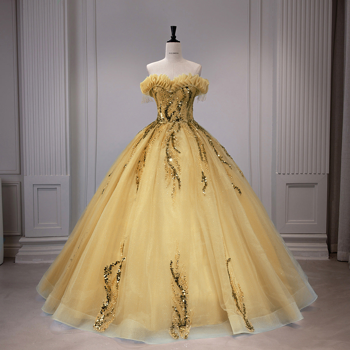 Gold Glitter Tulle Off-Shoulder Sequin Ball Gown - Front View Mannequin