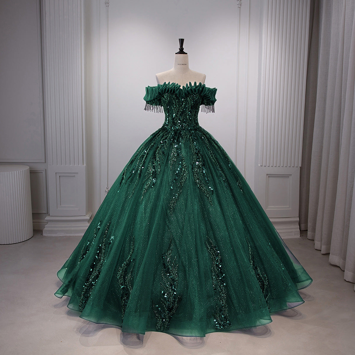 Dark Green Glitter Tulle Off-Shoulder Sequin Ball Gown - Front View Mannequin