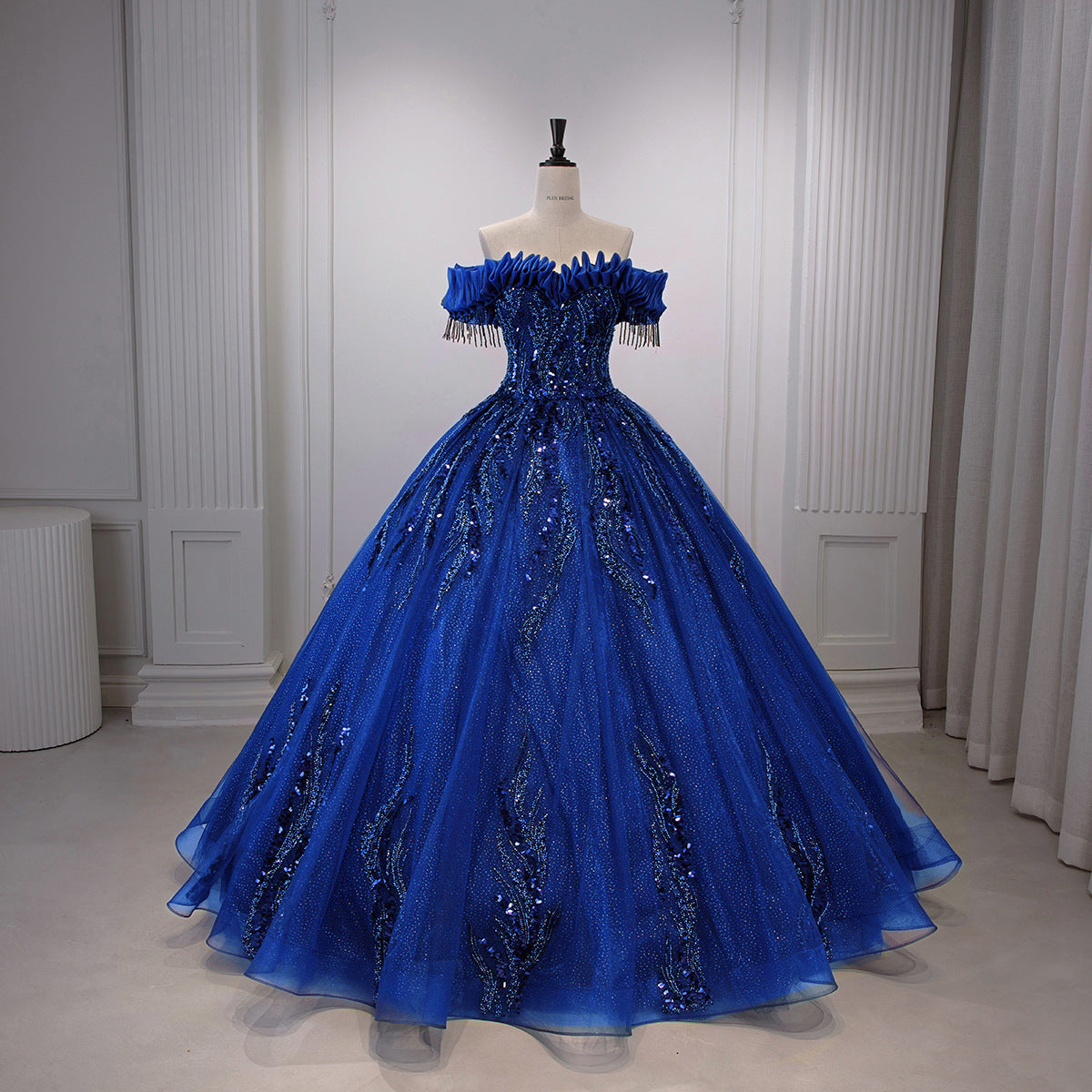 Royal Blue Glitter Tulle Off-Shoulder Sequin Ball Gown - Front View Mannequin