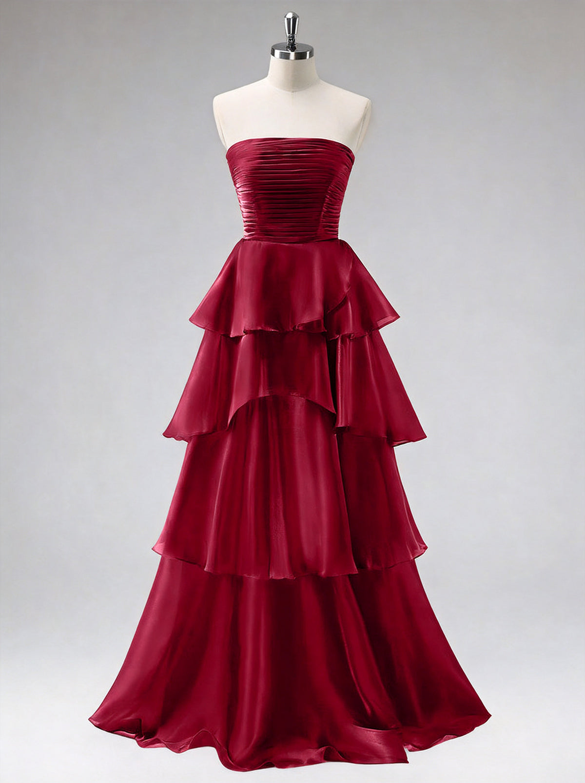 Strapless Tiered Ruffle Satin A-Line Gown XU00005