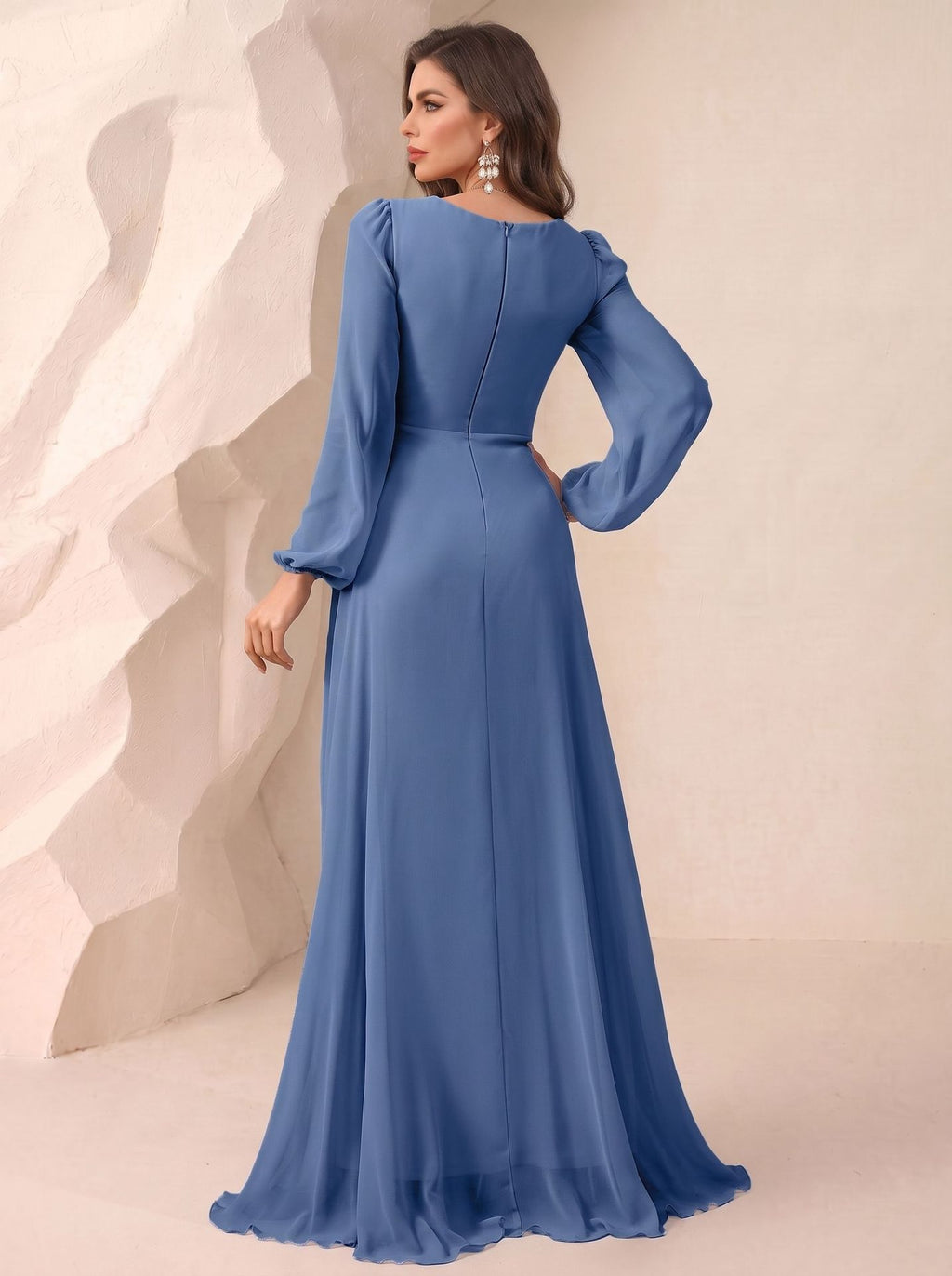 Long Sleeve Chiffon V-Neck Floor-Length Bridesmaid Dresses XU00016