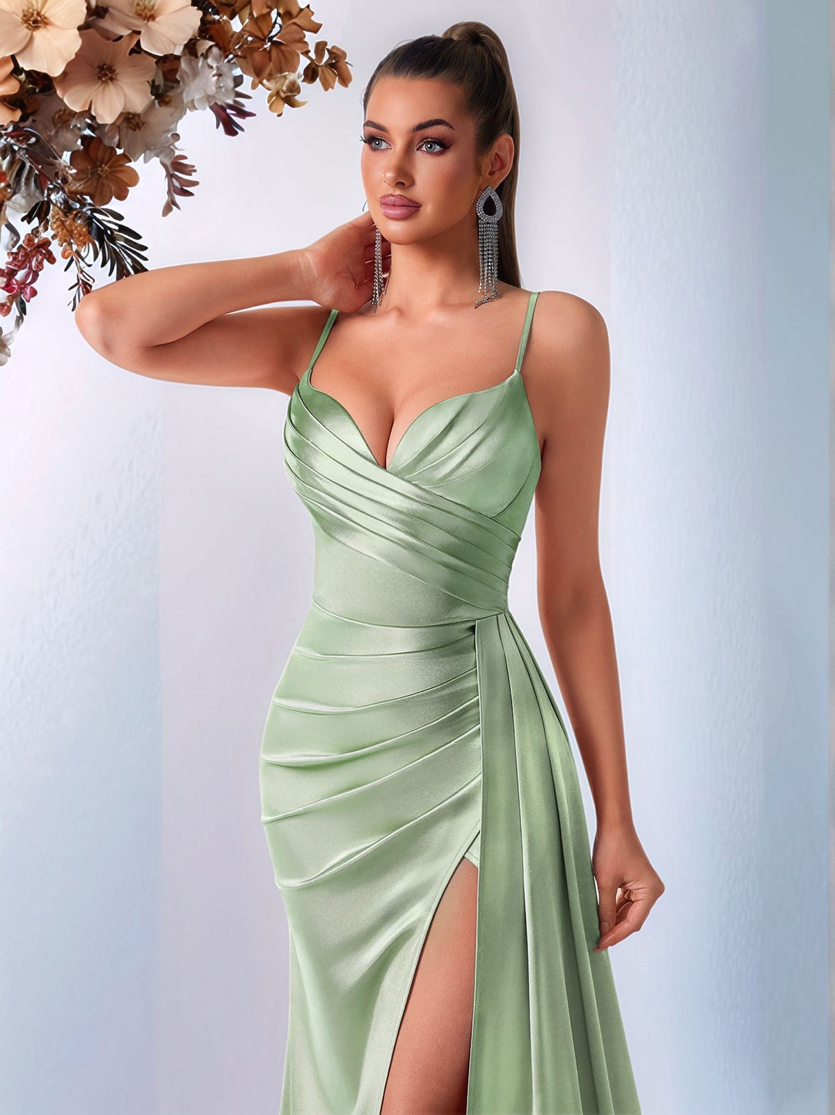 Spaghetti Strap Satin Gown - Sage Detail View