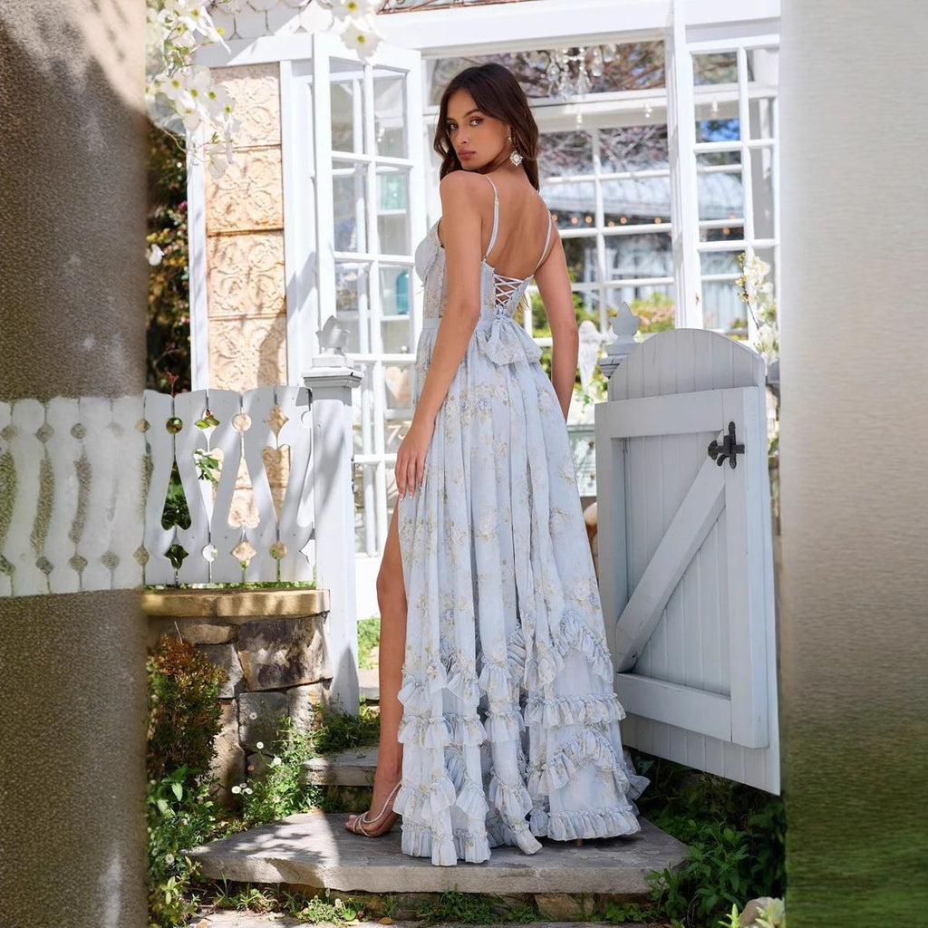 Light Blue Floral Print Tiered Ruffle Floor-Length Bridesmaid Dress Back View Lace-Up