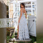 Light Blue Floral Print Tiered Ruffle Floor-Length Bridesmaid Dress Back View Lace-Up