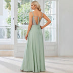 Long Sleeve Chiffon V-Neck Floor-Length Bridesmaid Dresses XU00018