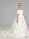 Front view - White satin off-shoulder flower girl dress