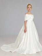 Front view - White satin off-shoulder flower girl dress