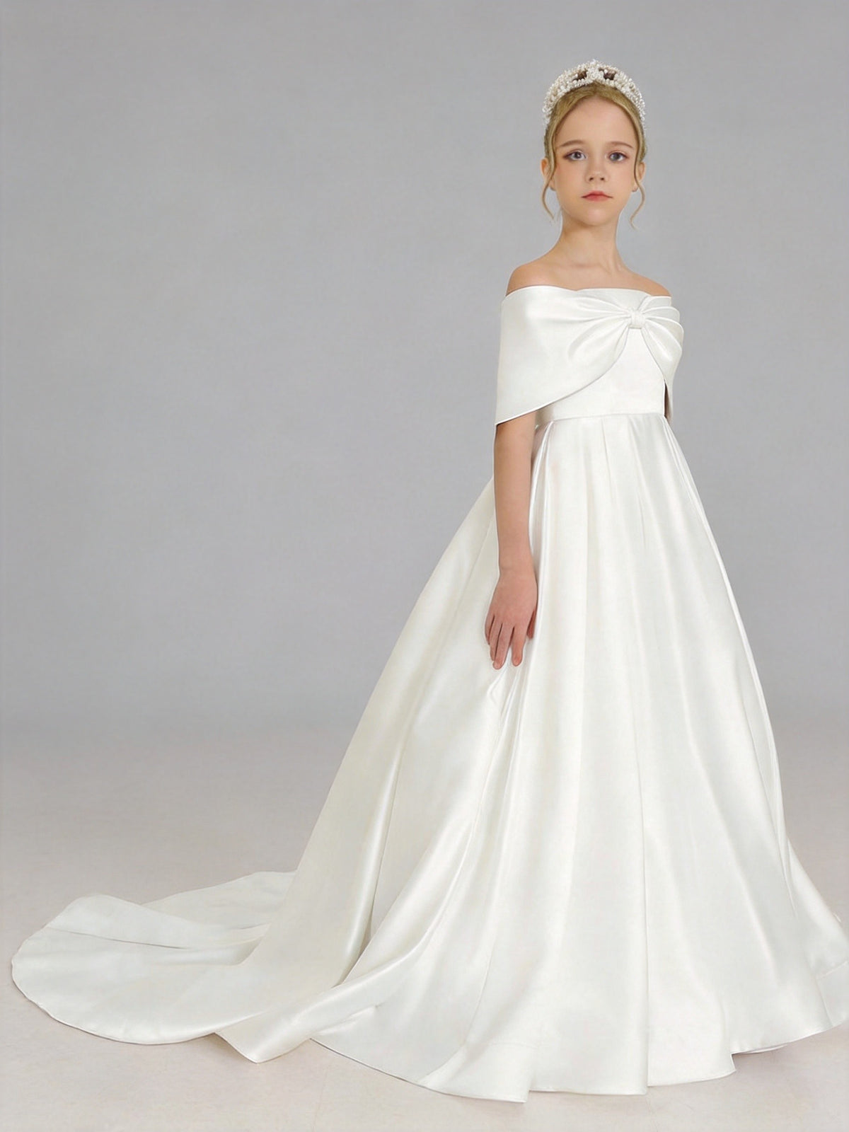 Front view - White satin off-shoulder flower girl dress