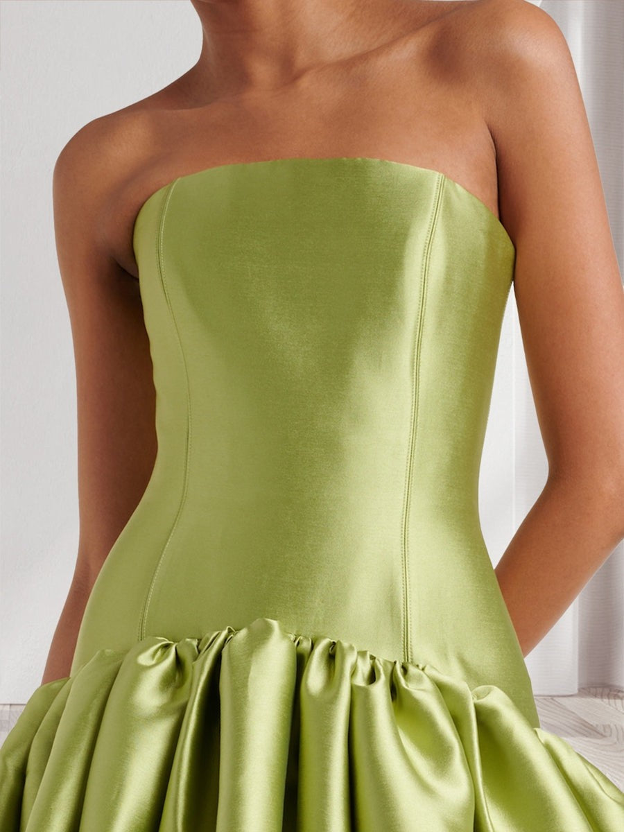 XU00130 A-Line Princess Strapless Sweep Train Ruched Satin Prom Dresses - Bodice Detail - Sage Green