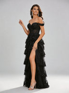 Off-the-Shoulder Tiered Lace Gown with Slit XU00007