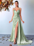 Spaghetti Strap Satin Gown - Sage Front View