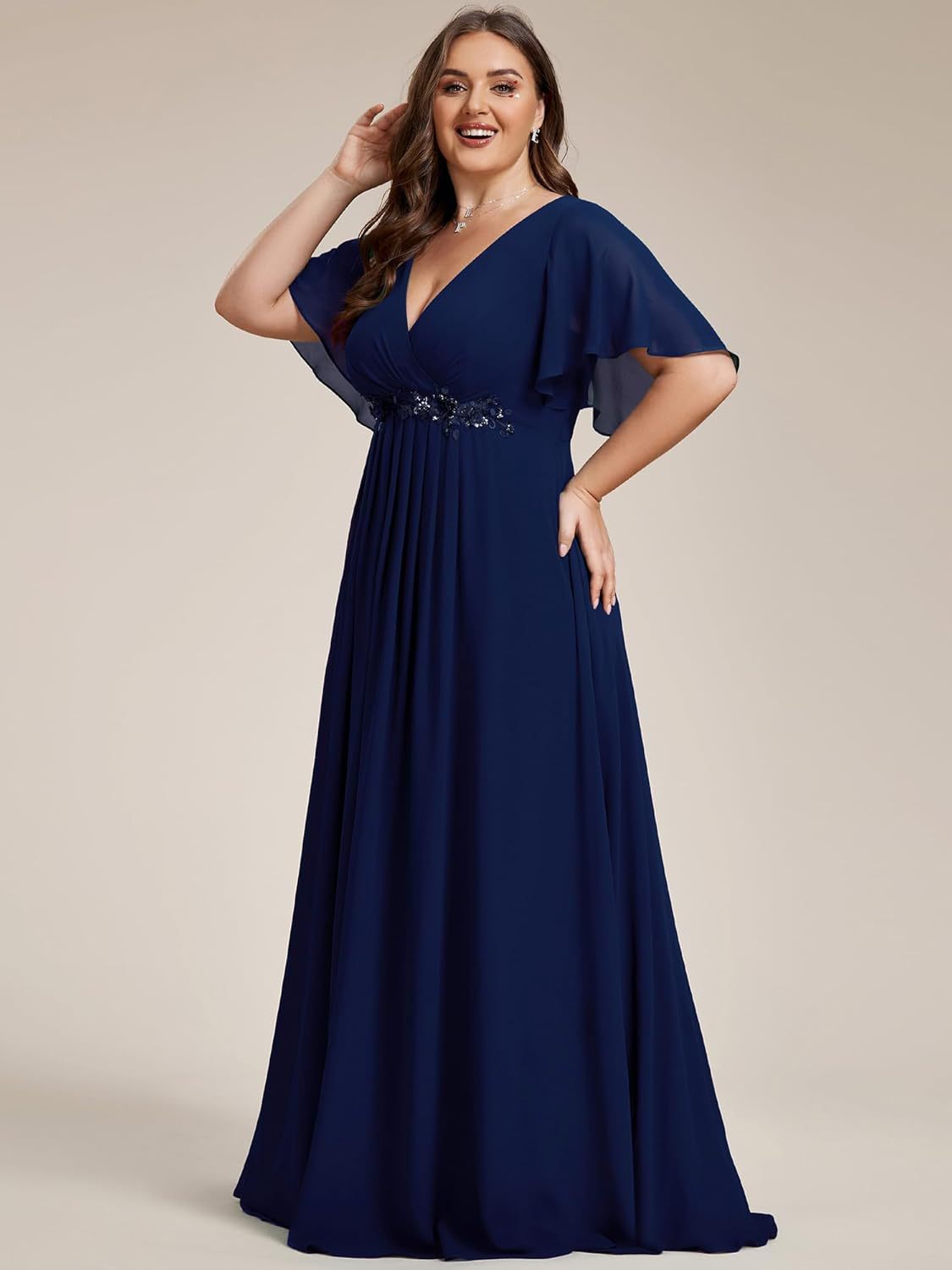 Chiffon V-Neck Floor-Length Bridesmaid Dresses Navy XU00017
