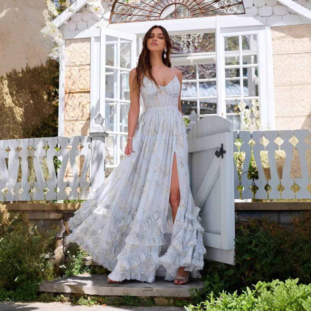 Light Blue Floral Print Tiered Ruffle Floor-Length Bridesmaid Dress Front View