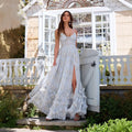 Light Blue Floral Print Tiered Ruffle Floor-Length Bridesmaid Dress Front View