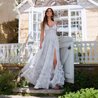 Light Blue Floral Print Tiered Ruffle Floor-Length Bridesmaid Dress Front View
