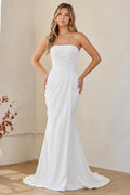 XU00124 Strapless Straight Neckline Ruched Bodice Corset Lace-Up Back Mermaid Sweep Train White Satin Wedding Dress - Back