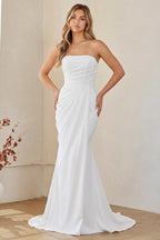XU00124 Strapless Straight Neckline Ruched Bodice Corset Lace-Up Back Mermaid Sweep Train White Satin Wedding Dress - Back