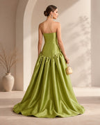XU00130 A-Line Princess Strapless Sweep Train Ruched Satin Prom Dresses - Back - Sage Green