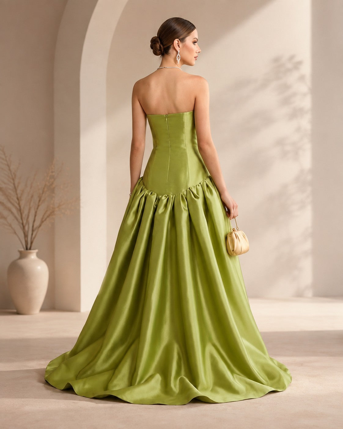 XU00130 A-Line Princess Strapless Sweep Train Ruched Satin Prom Dresses - Back - Sage Green