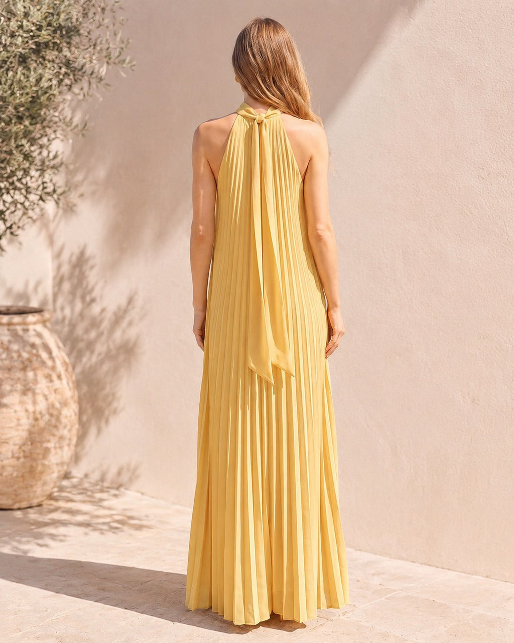 XU00128 Halter Neck Sleeveless Pleated Bodice Pleated A-Line Floor-Length Chiffon Evening Gown - Back - Light Yellow