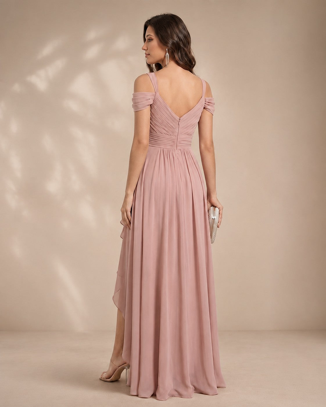 XU00129 V-Neck Cold-Shoulder Off-Shoulder Straps Pleated Wrap Bodice V-Back A-Line High-Low Hem Floor-Length Chiffon Bridesmaid Dress - Back - Dusty Rose