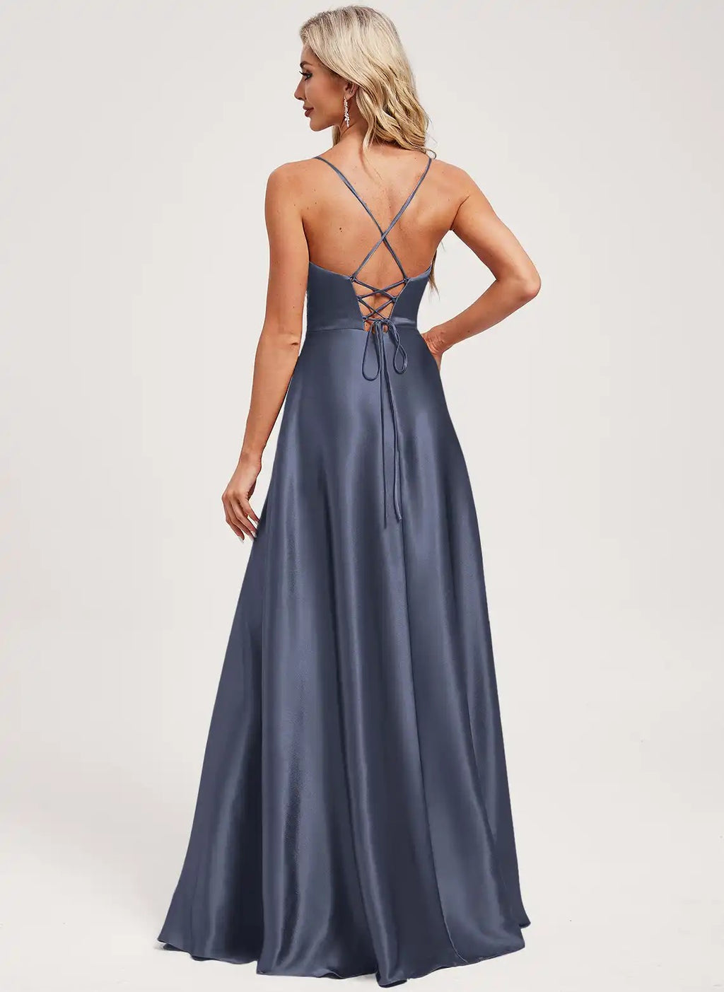 XU00127 Spaghetti Strap V-Neck Criss-Cross Lace-Up Back Ruched Wrap Bodice A-Line Side Slit Floor-Length Satin Evening Gown - Back - Dusty Blue