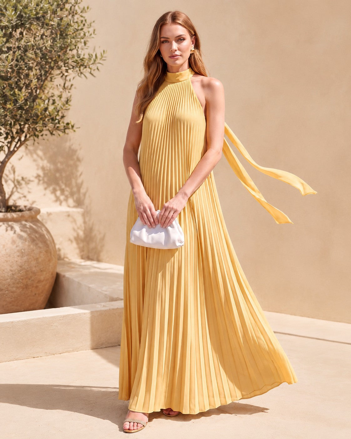 XU00128 Halter Neck Sleeveless Pleated Bodice Pleated A-Line Floor-Length Chiffon Evening Gown - Front - Light Yellow
