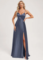 XU00127 Spaghetti Strap V-Neck Criss-Cross Lace-Up Back Ruched Wrap Bodice A-Line Side Slit Floor-Length Satin Evening Gown - Front - Dusty Blue