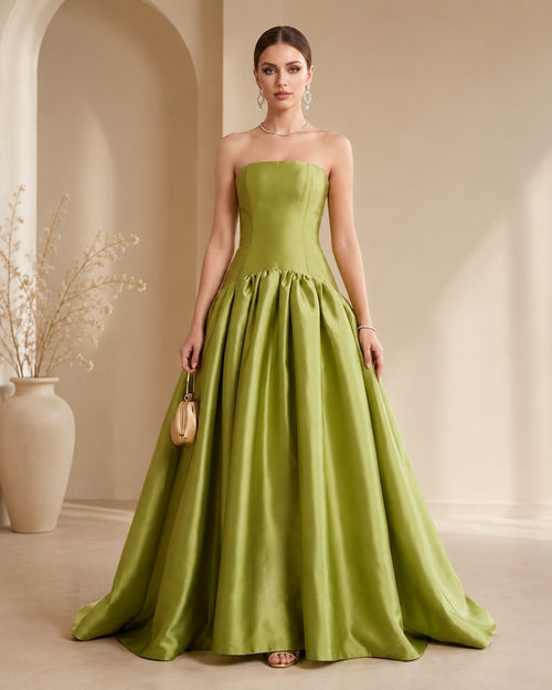 XU00130 A-Line Princess Strapless Sweep Train Ruched Satin Prom Dresses - Front - Sage Green