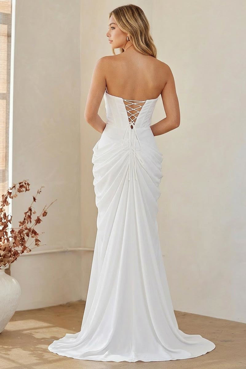 XU00124 Strapless Straight Neckline Ruched Bodice Corset Lace-Up Back Mermaid Sweep Train White Satin Wedding Dress - Front